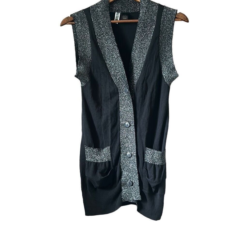 BKE Black Sleeveless Button-Down Vest with Speckled Trim